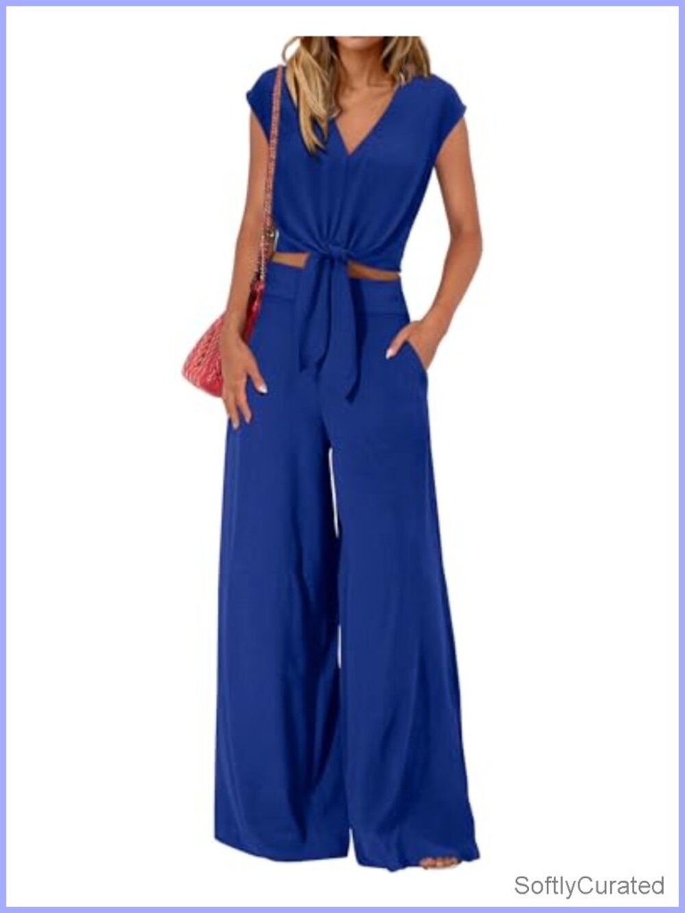 Two Piece Pant Set - Cap Sleeve V Neck Crop Top Wide Leg Pants
